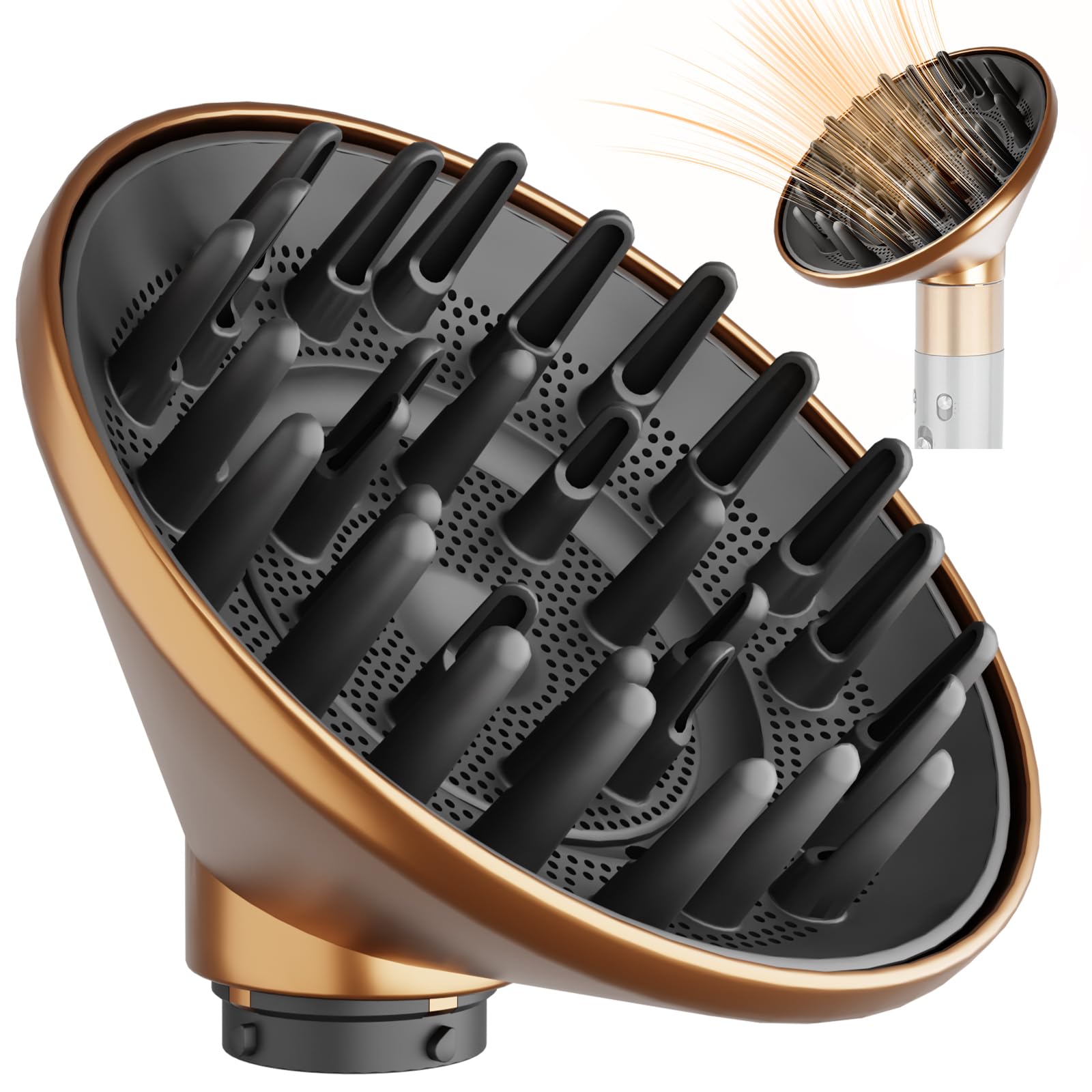YTCHYYSK large diffuser attachment for Dyson Airwrap in gold speeds drying and defines curls.