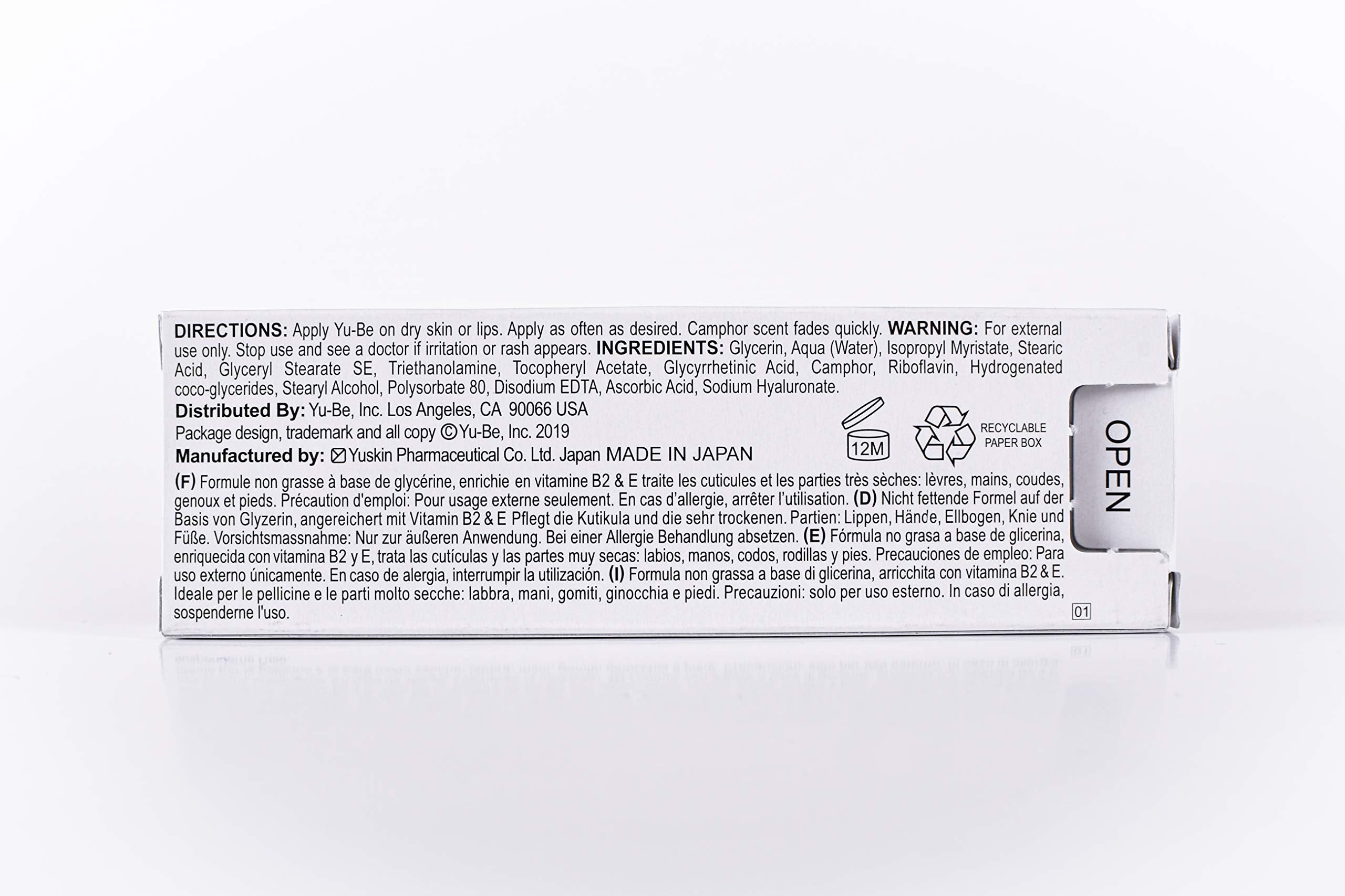 Yu-Be Moisturizing Skin Cream Tube ingredients panel highlights camphor and vitamins