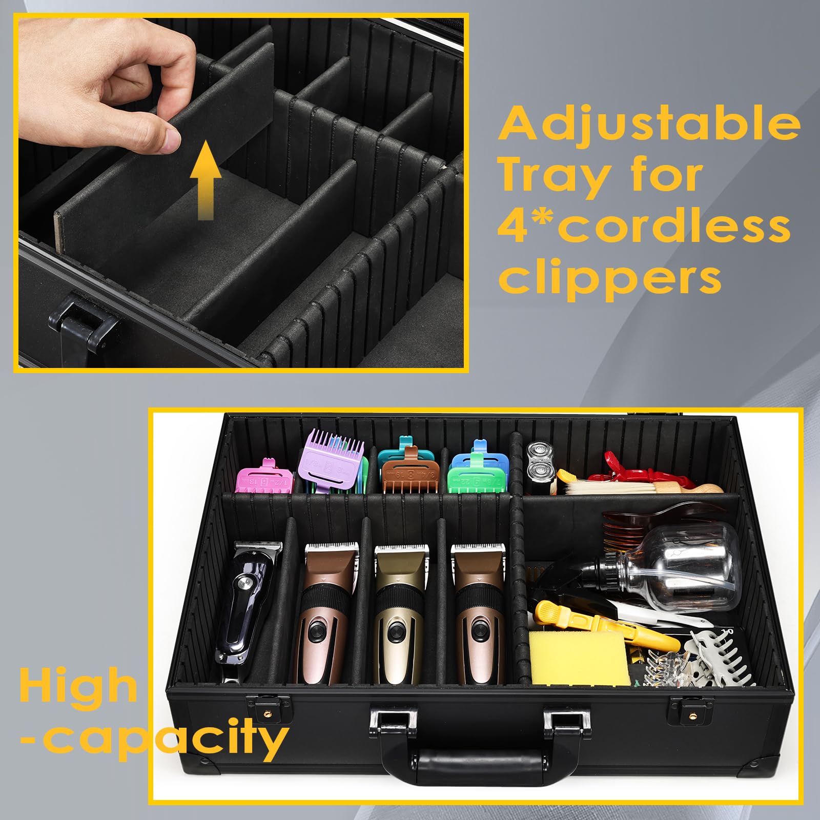 Yueieoun barber accessory case bottom dividers organize clippers and guards securely during transport