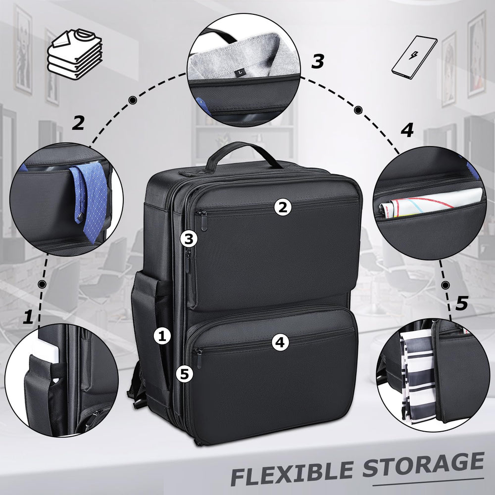 Yueieoun barber bag clipper compartments protect clippers and guards during travel.
