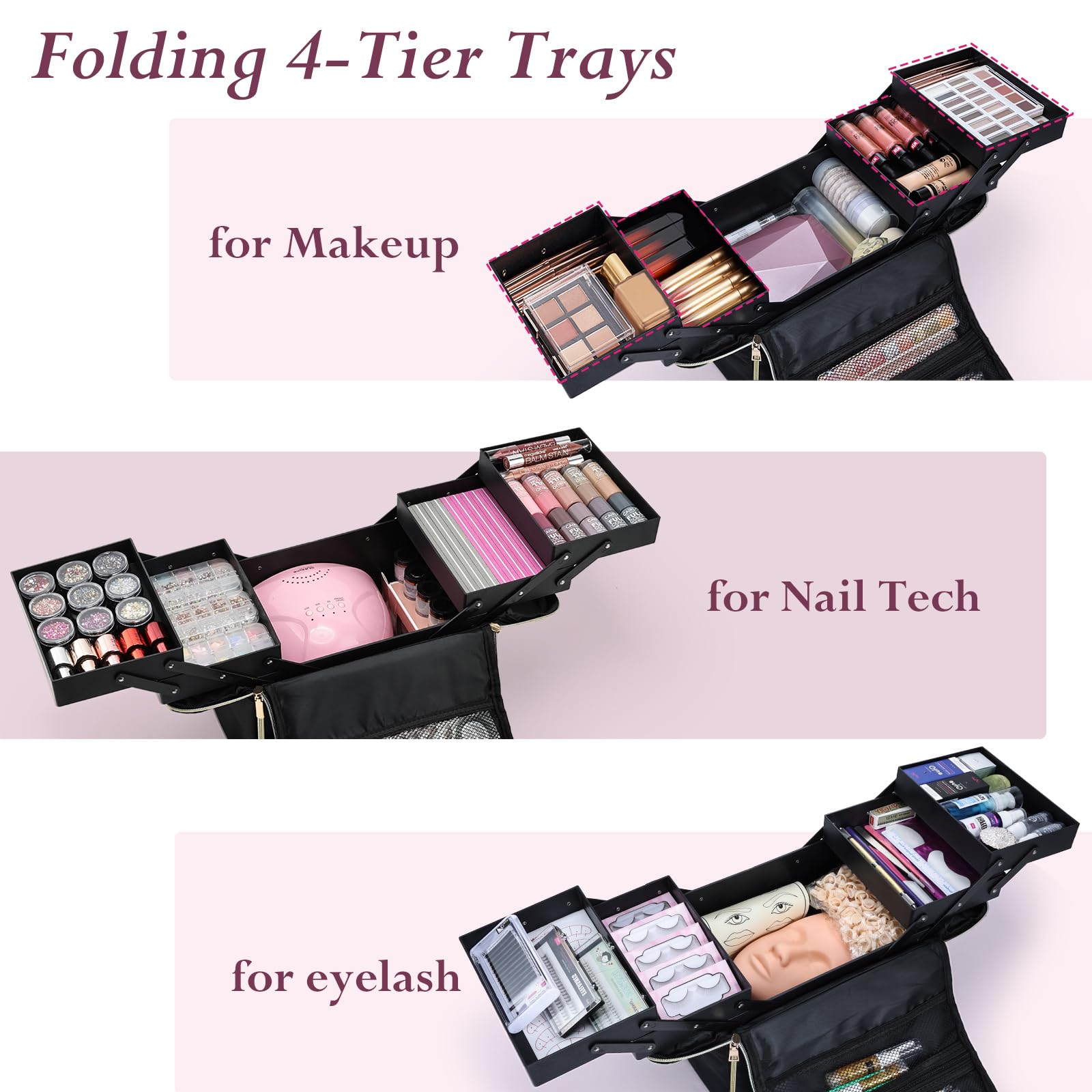 Yueieoun four-tier professional cosmetic storage demonstrates tidy palettes and tools access