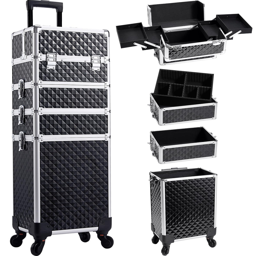 Yueieoun rolling makeup train case front view highlights portable design and sturdy construction.