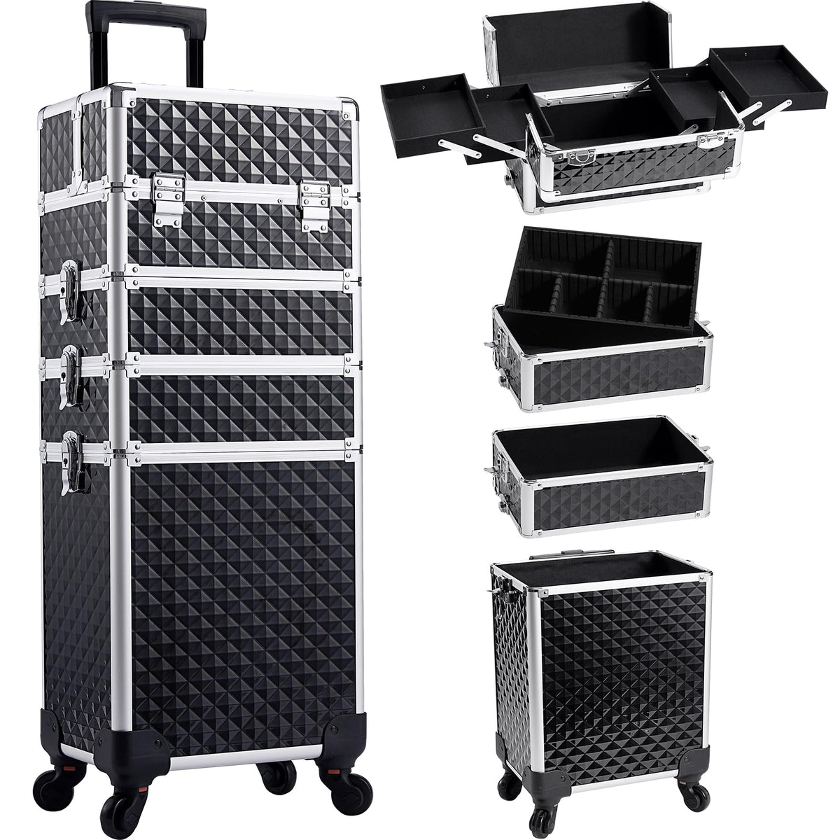 Yueieoun rolling makeup train case front view highlights portable design and sturdy construction.