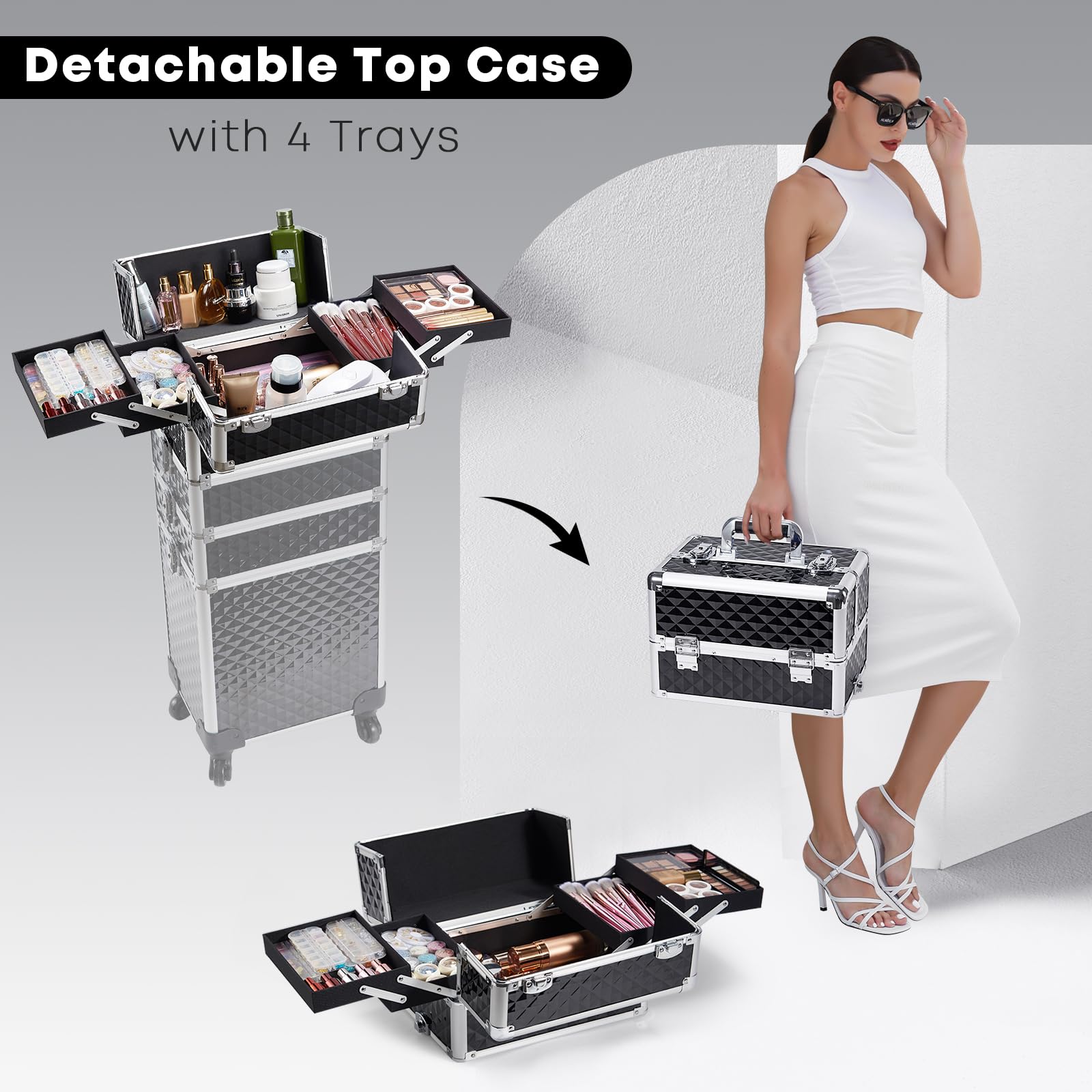 Yueieoun rolling makeup train case lock system ensures secure tools during transit.