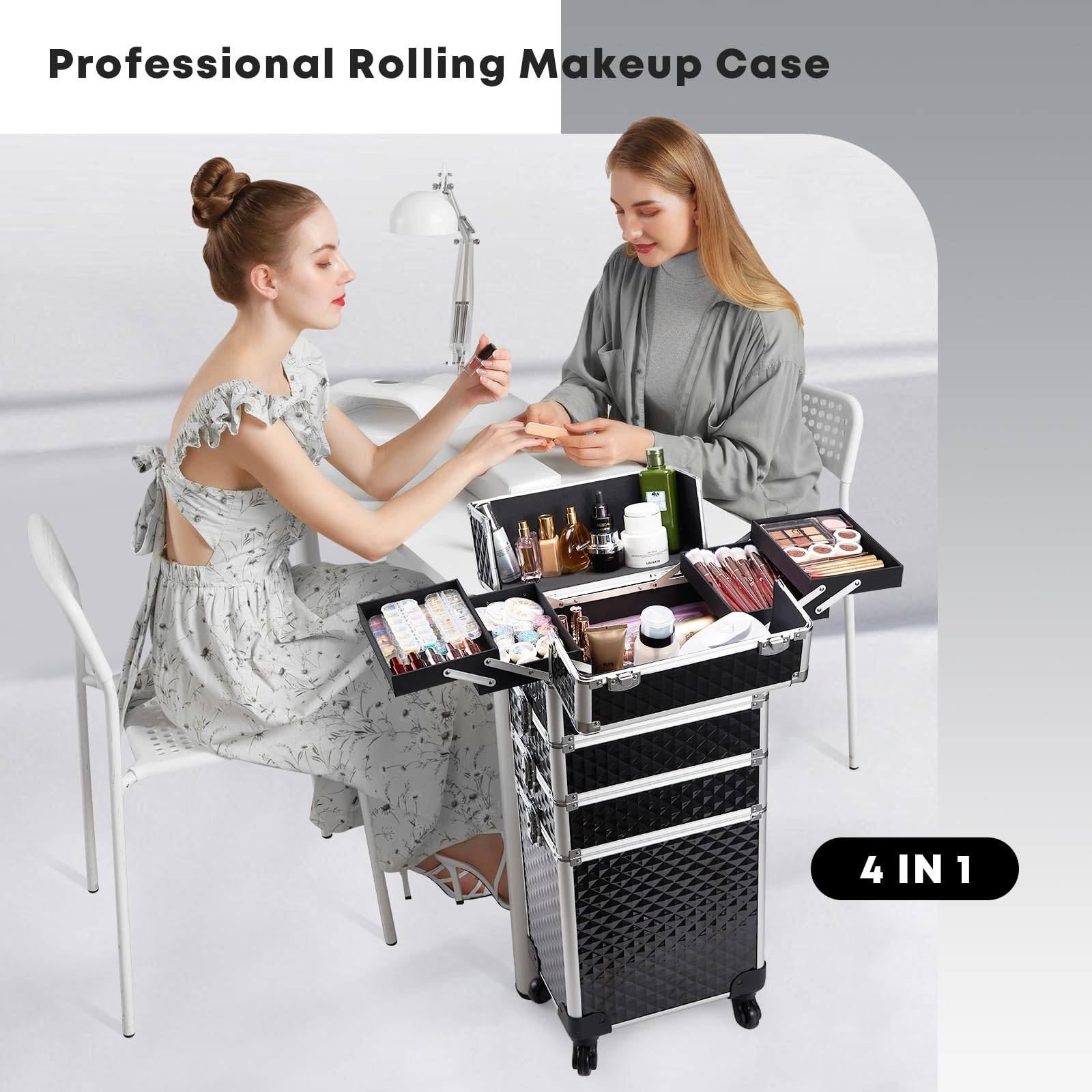 Yueieoun rolling makeup train case middle trays shows modular organization for brushes and kits.