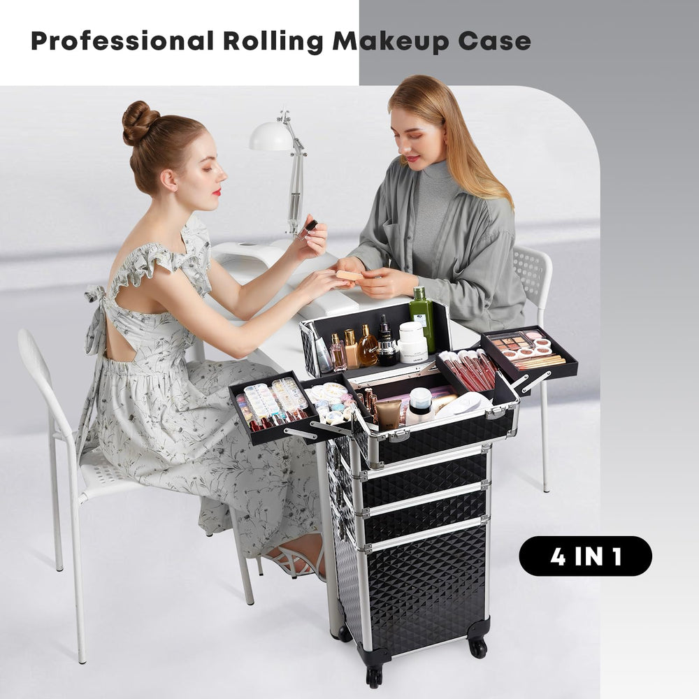 Yueieoun rolling makeup train case middle trays shows modular organization for brushes and kits.