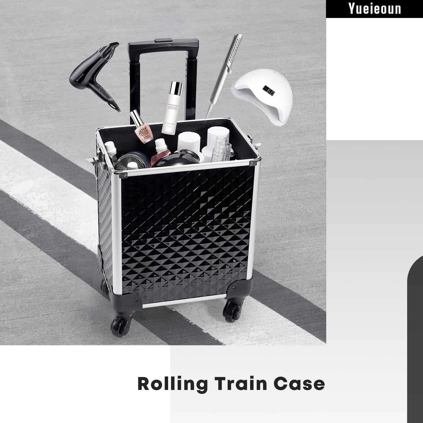 Yueieoun rolling makeup train case wheels enable smooth, quiet mobility across locations.