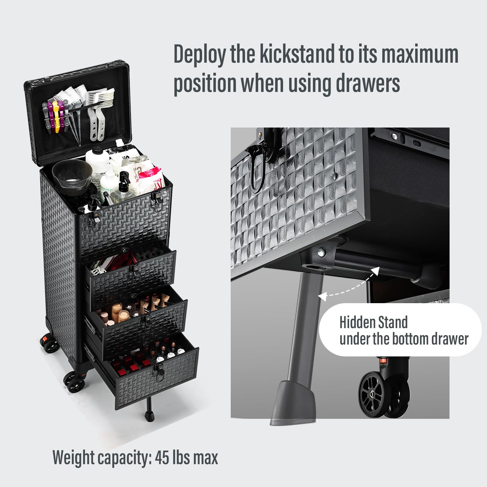 Yueieoun salon cart 360-degree wheels offer smooth mobility on various floors.