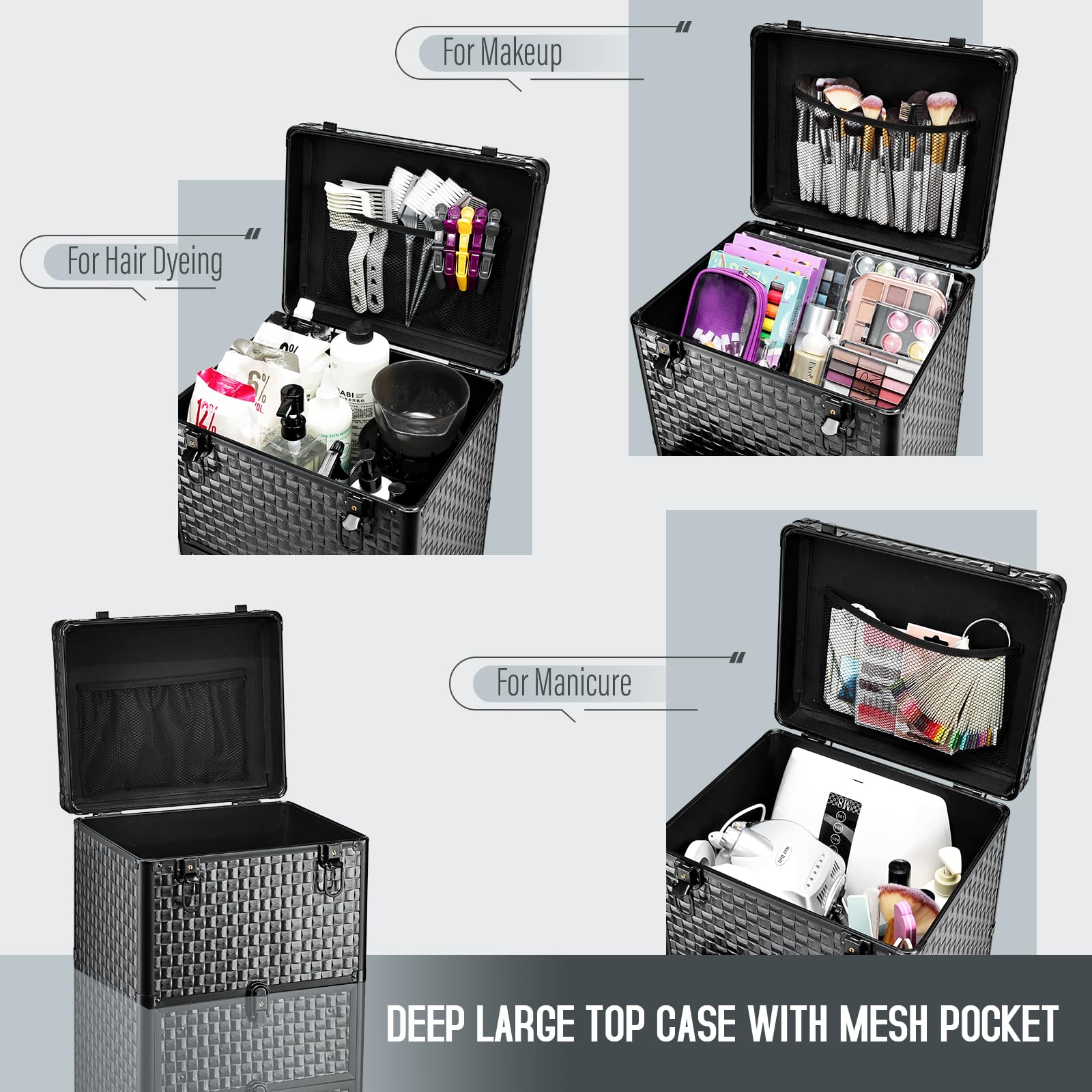 Yueieoun salon cart deep top case with mesh pocket keeps full-size products organized.