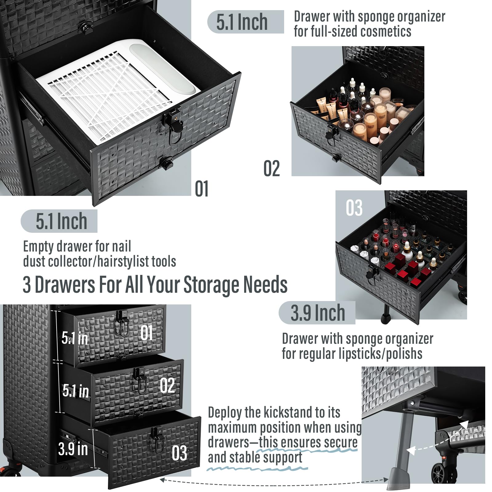Yueieoun salon cart organizer drawers ensure taller items fit neatly for easy access.