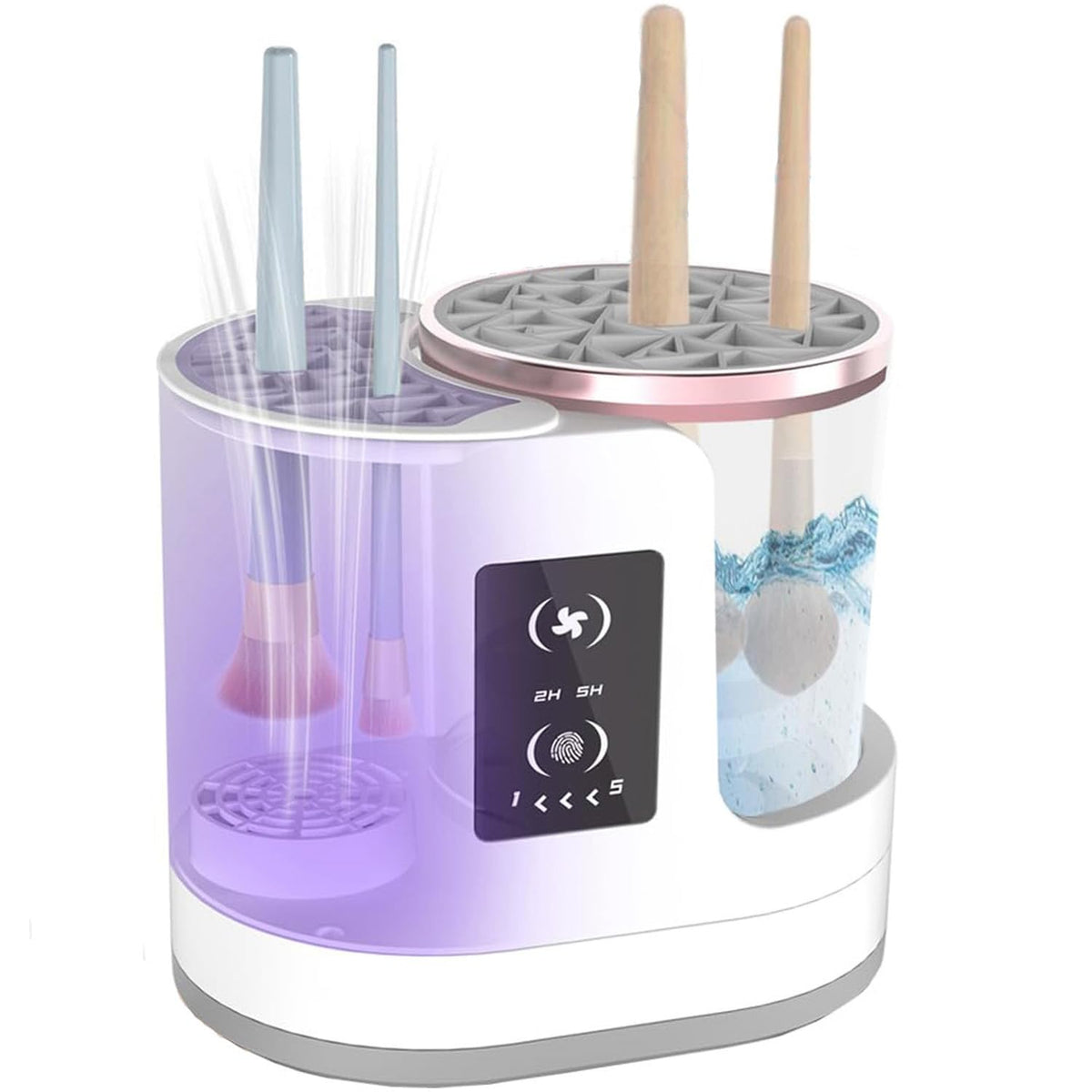 Yuliana electric makeup brush cleaner demonstrates 3-in-1 action for cleaning, drying, and sanitizing.
