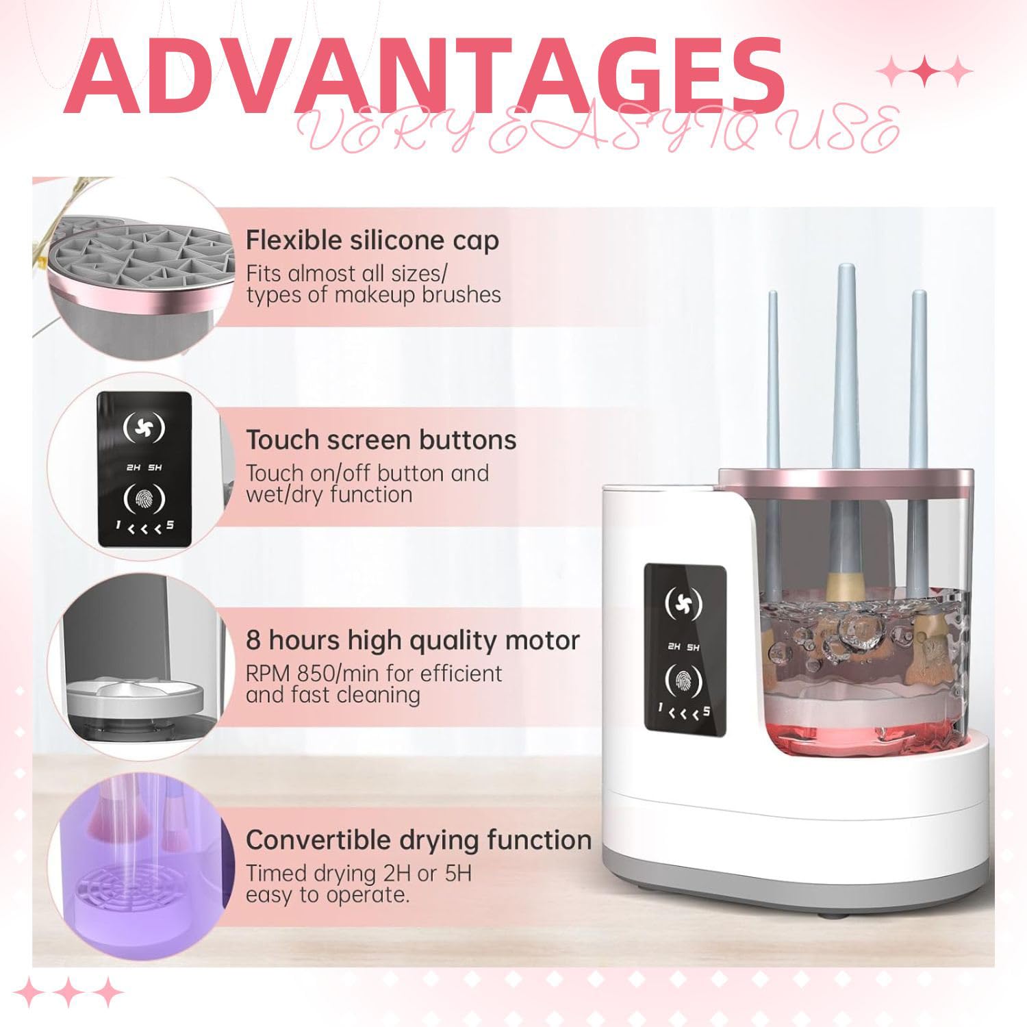 Yuliana compact electric cleaner fits in vanity with simple one-button use.
