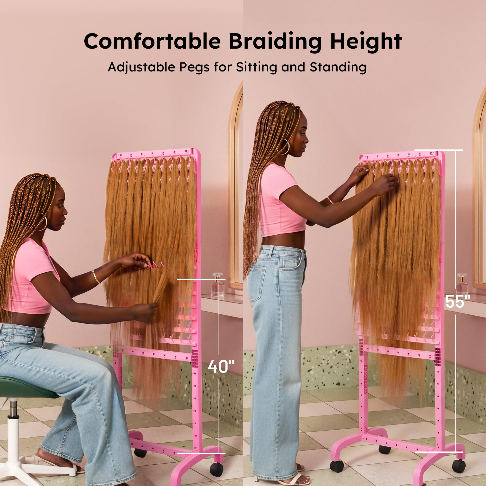 Yumkfoi braiding rack pink color finish adds stylish touch to studio.