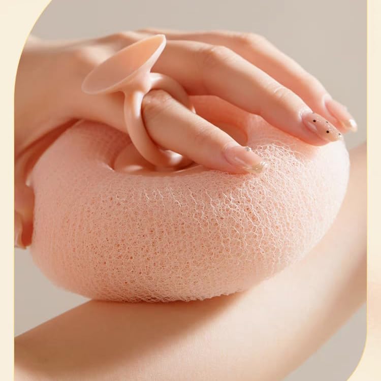 YUMMIS sunflower suction-cup bath ball pink angle demonstrates soft exfoliation and dense lather.