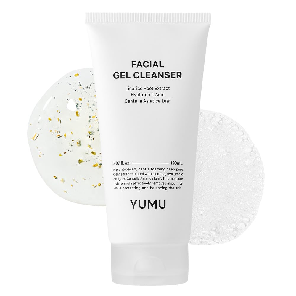 YUMU Licorice Deep Pore Cleanser bottle close-up; hydrating gel for gentle cleansing