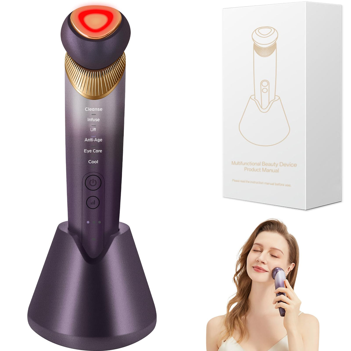 Yuonry 6-in-1 eye-face-neck lift device showcasing purple LED light therapy for skin rejuvenation.