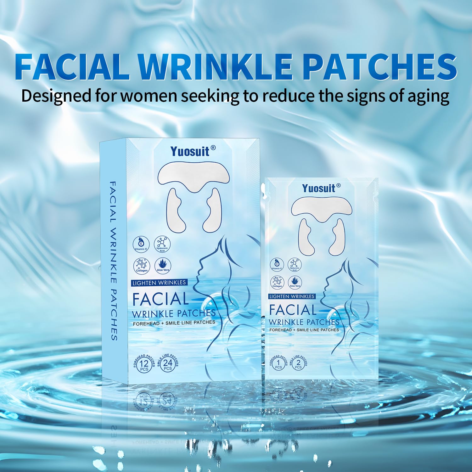 Yuosuit forehead patches closeup showing hydrogel hydration texture.