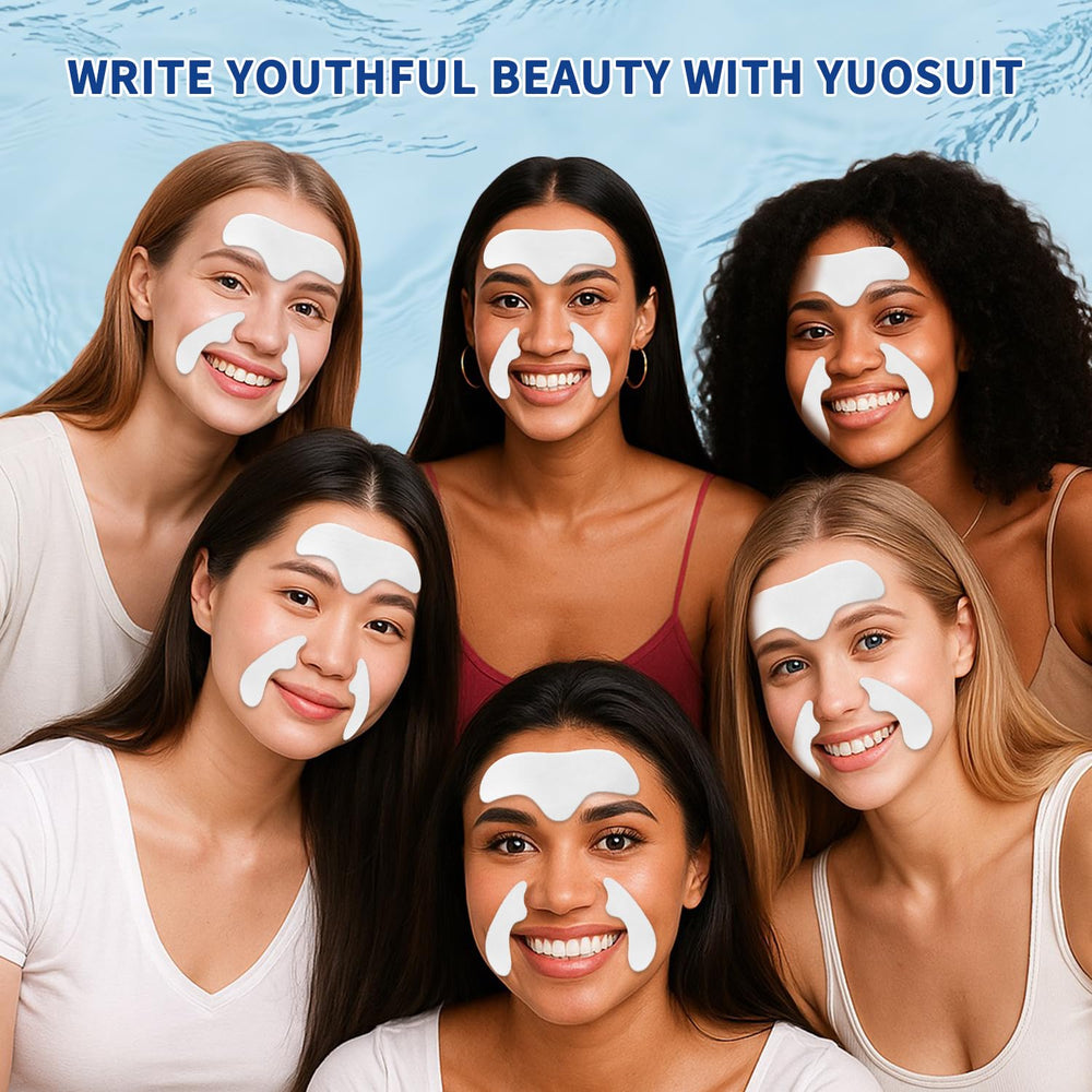 Yuosuit smile line patches on face for smoothing appearance.
