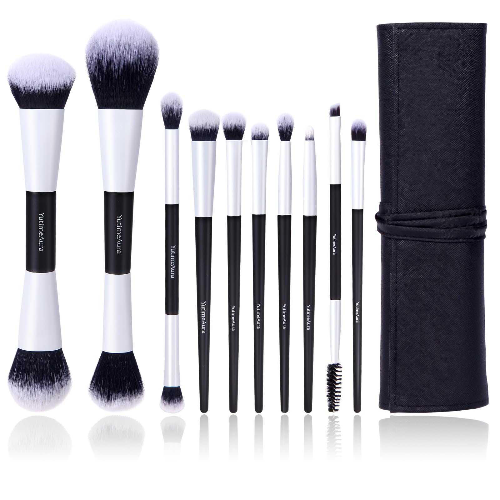 YutimeAura makeup brush set front view, versatile tools for flawless application across face and eyes.