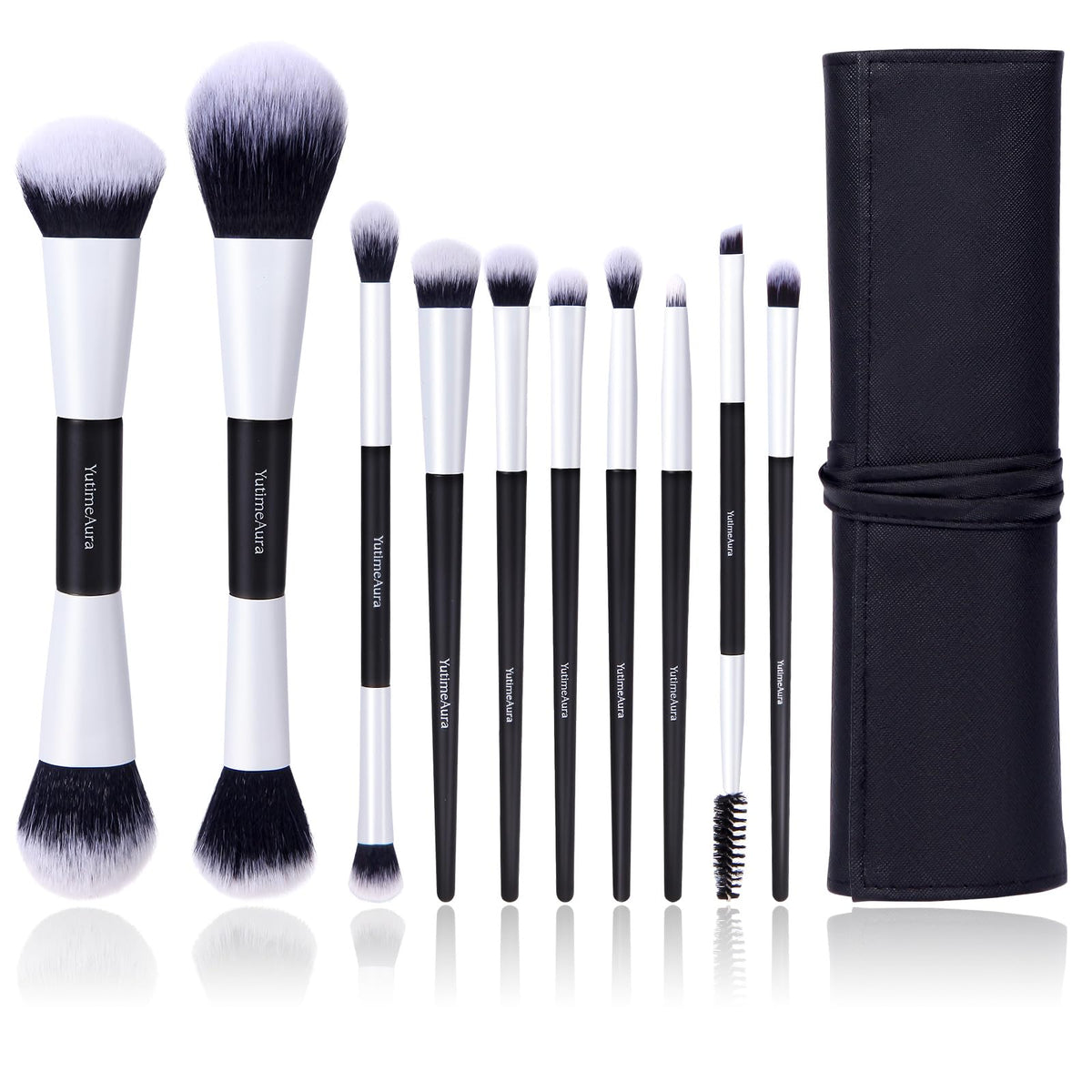 YutimeAura makeup brush set front view, versatile tools for flawless application across face and eyes.