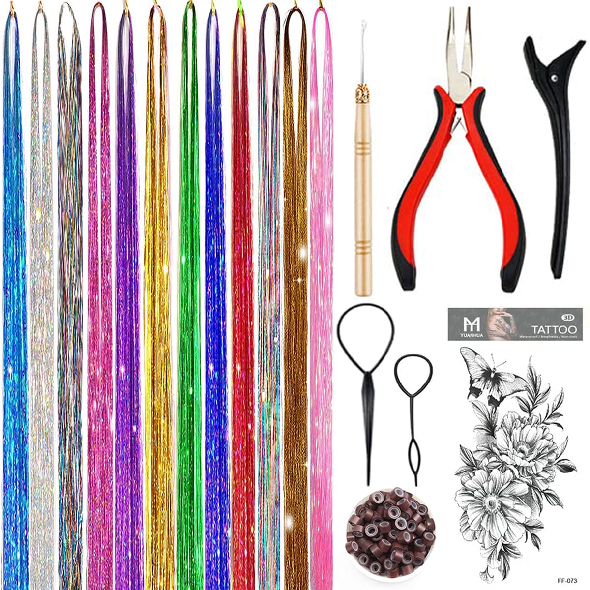 YUUYEE hair tinsel kit packaging shows vibrant color options for party styling.