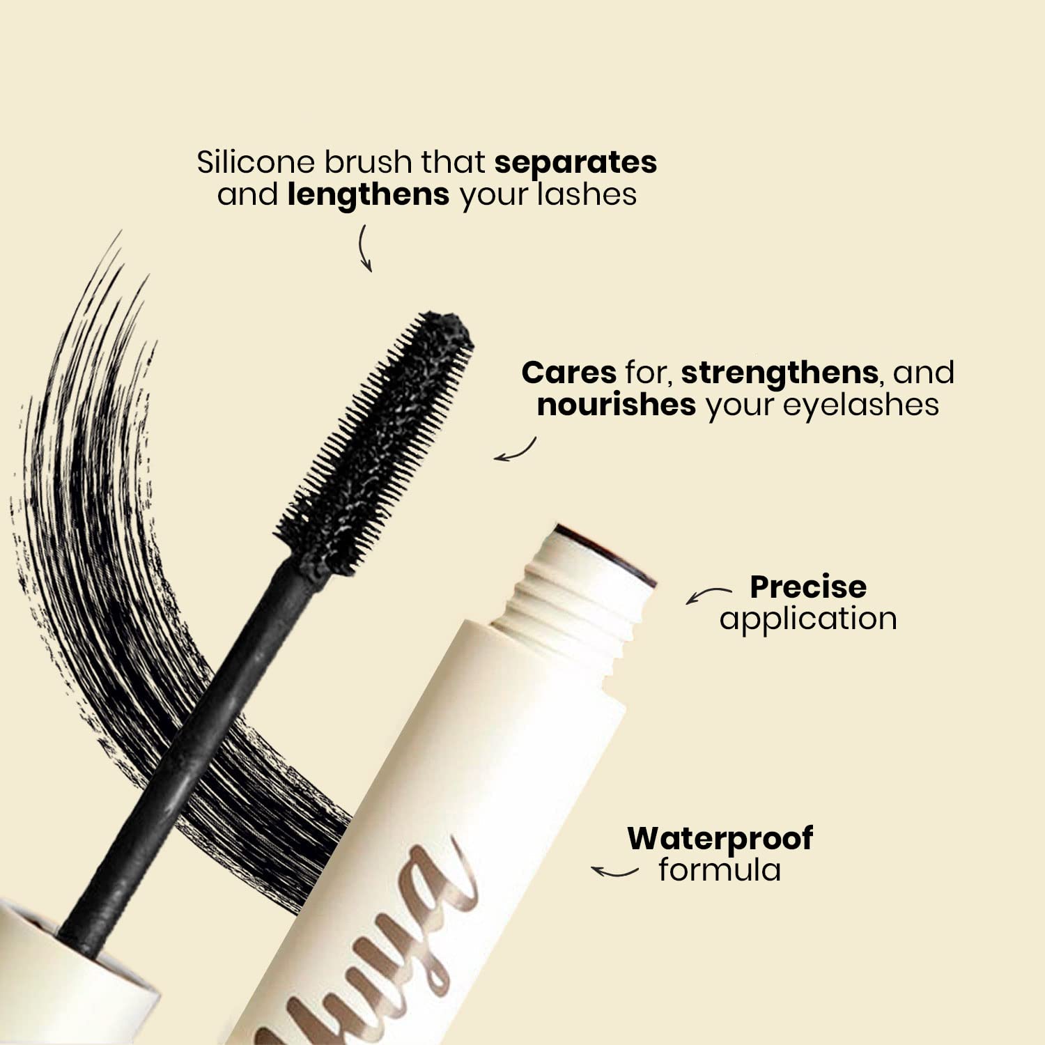 YuYa mascara applicator closeup shows small wand for even distribution.