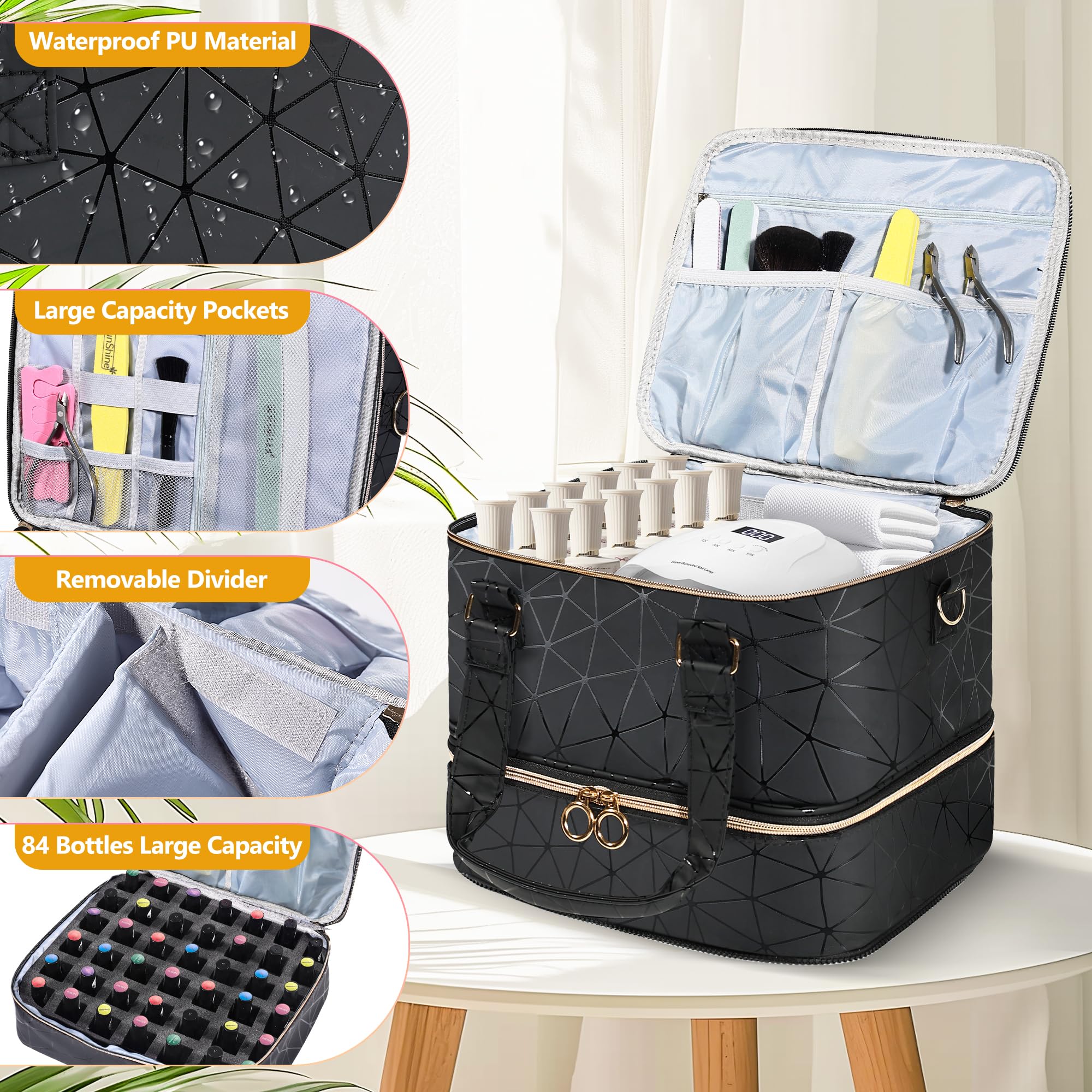 YUYAFN nail polish organizer bag open tray demonstrates easy tool separation and organized storage.