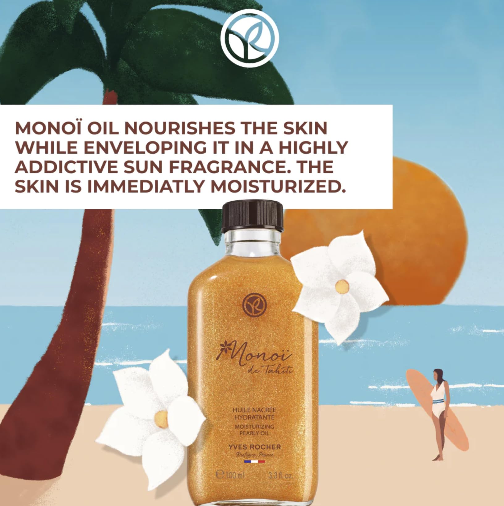 Yves Rocher Monoï de Tahiti oil pearlescent shimmer—subtle glow with lightweight finish.