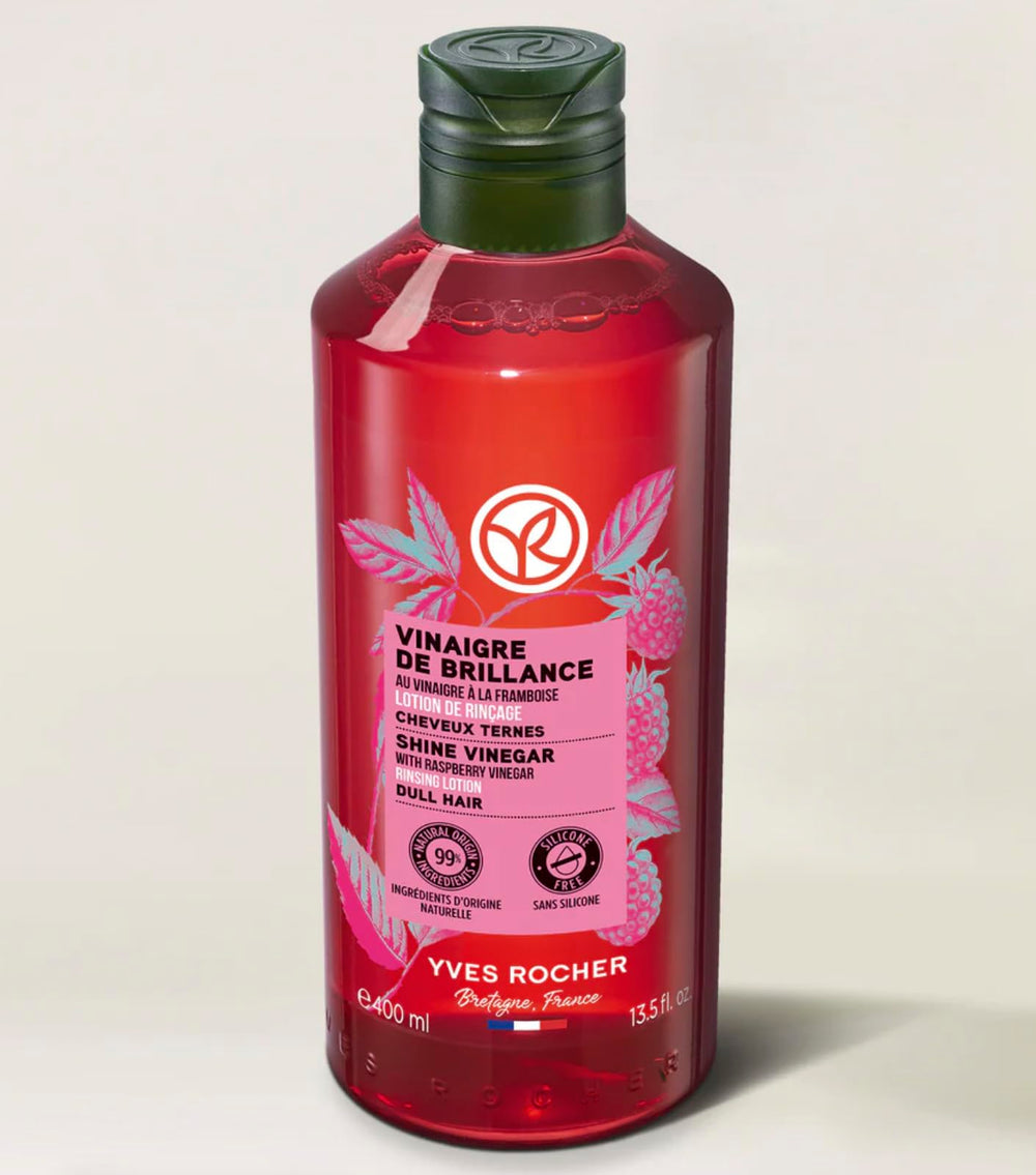 Yves Rocher Raspberry Shine bottle with easy pour cap for final rinse
