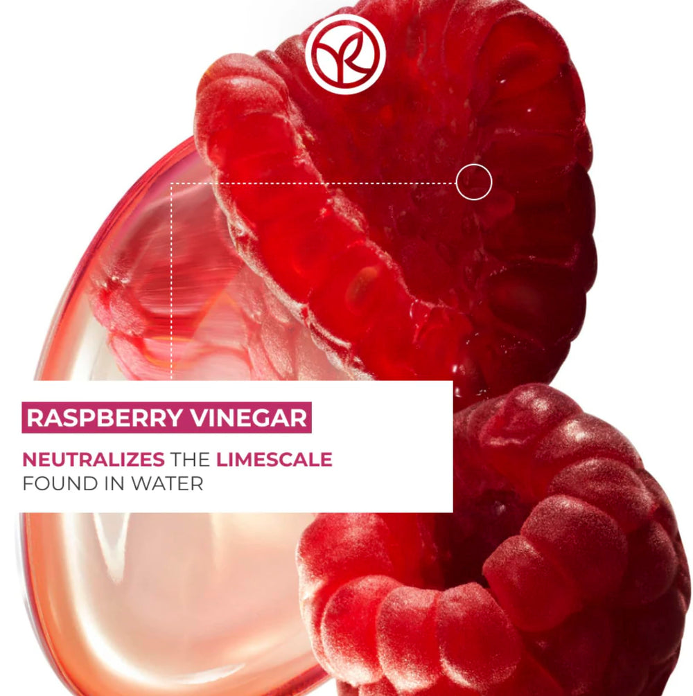 Packaging for Yves Rocher Raspberry Shine Hair Vinegar emphasizing user-friendly design