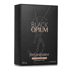 YSL Black Opium Le Parfum close-up highlights vanilla and floral notes for evening allure.
