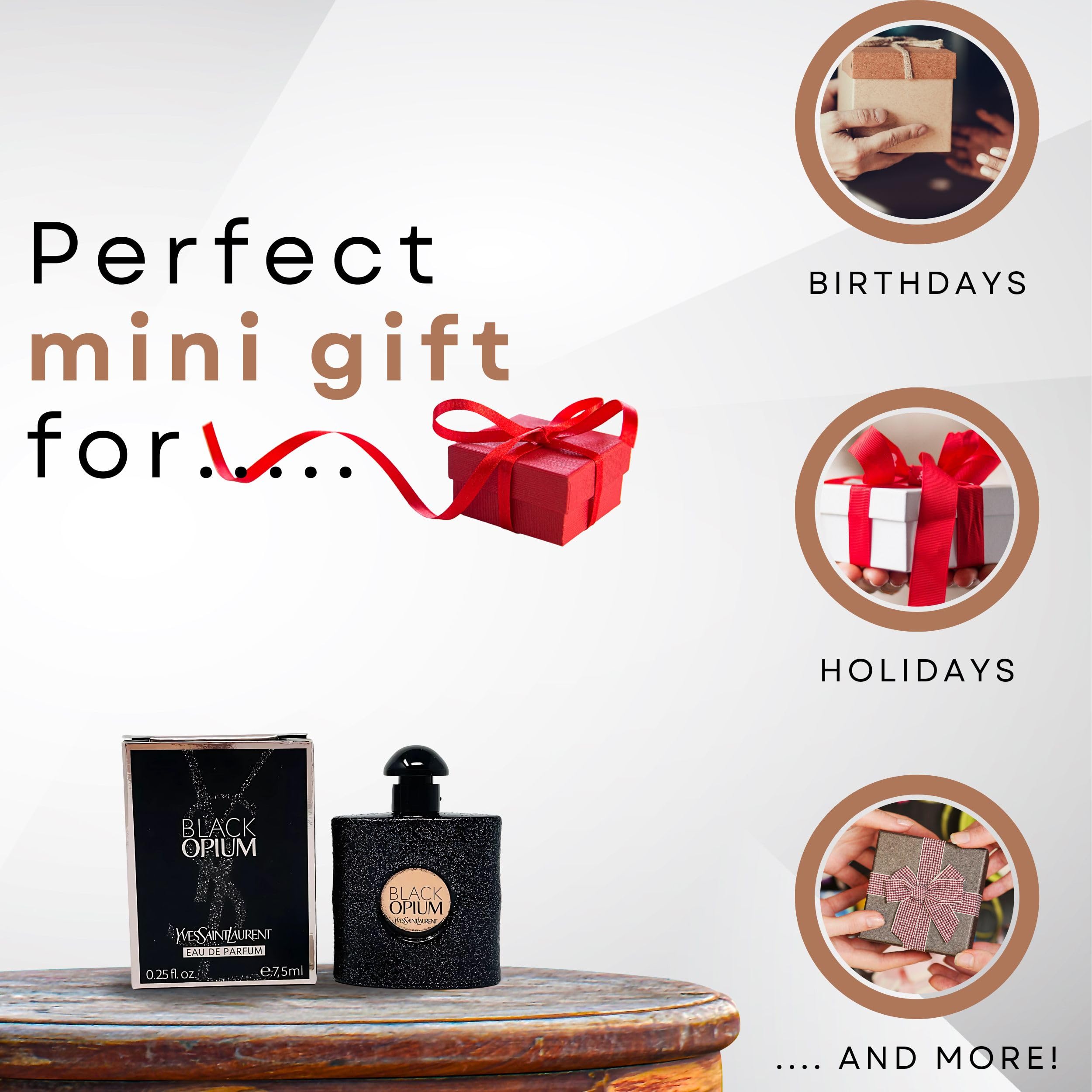 Yves Saint Laurent Black Opium mini bottle on vanity highlights gift-ready luxury.