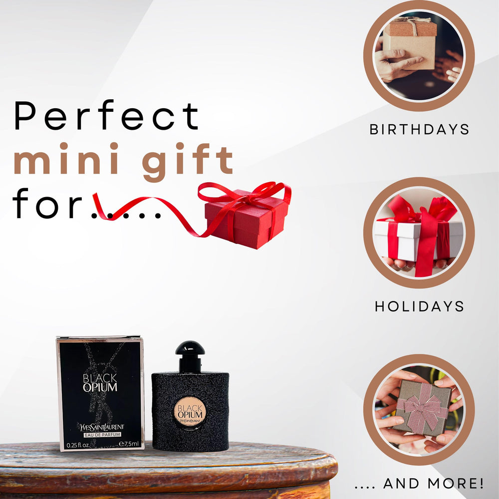 Yves Saint Laurent Black Opium mini bottle on vanity highlights gift-ready luxury.