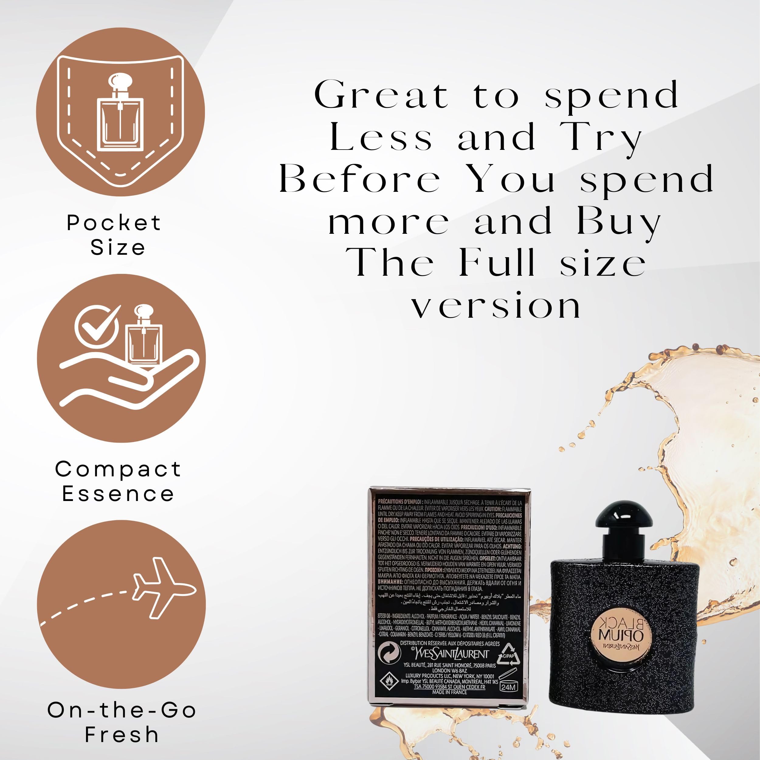 YSL Opium travel-size packaging displays premium designer fragrance.
