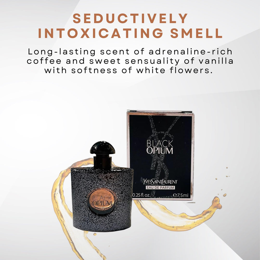 YSL Black Opium mini splash bottle with travel-friendly design for quick refresh.