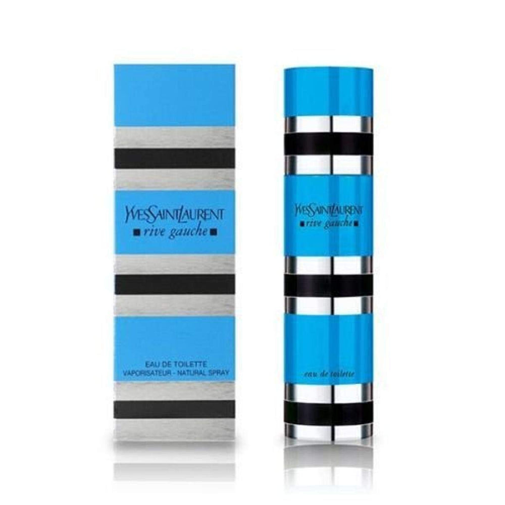 Yves Saint Laurent Rive Gauche bottle front showcases timeless floral-warm scent for daytime wear.
