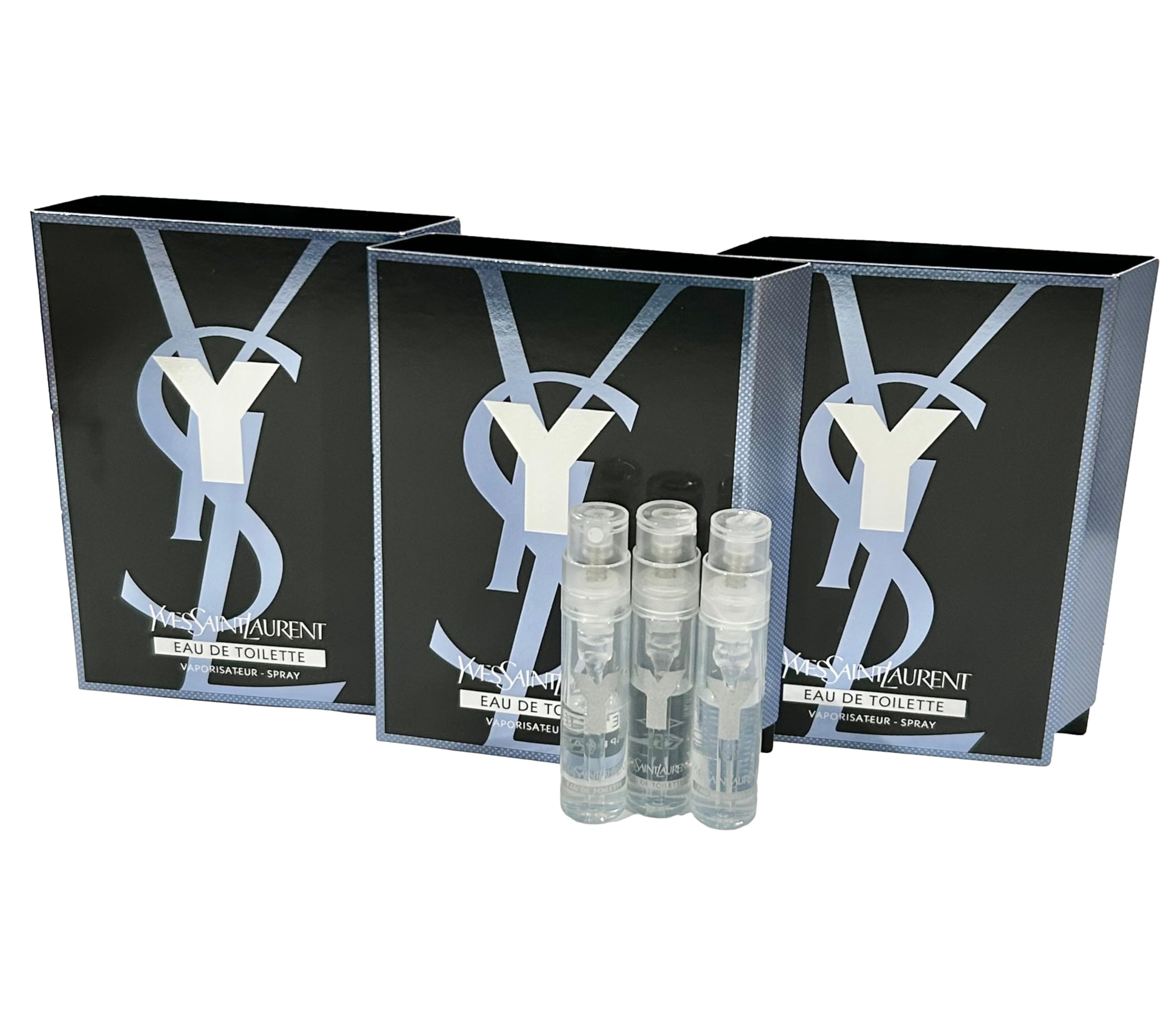 YSL Y Men sample EDT vials closeup for travel-friendly fragrance exploration.