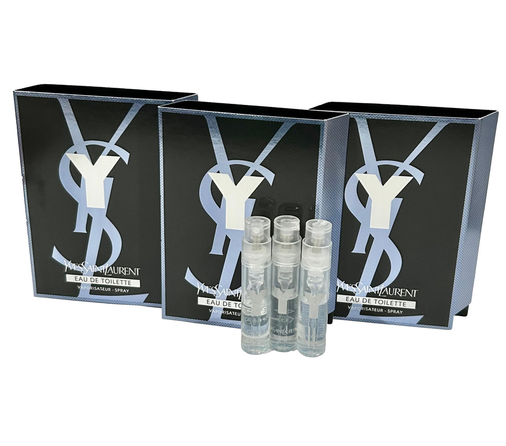 YSL Y Men sample EDT vials closeup for travel-friendly fragrance exploration.
