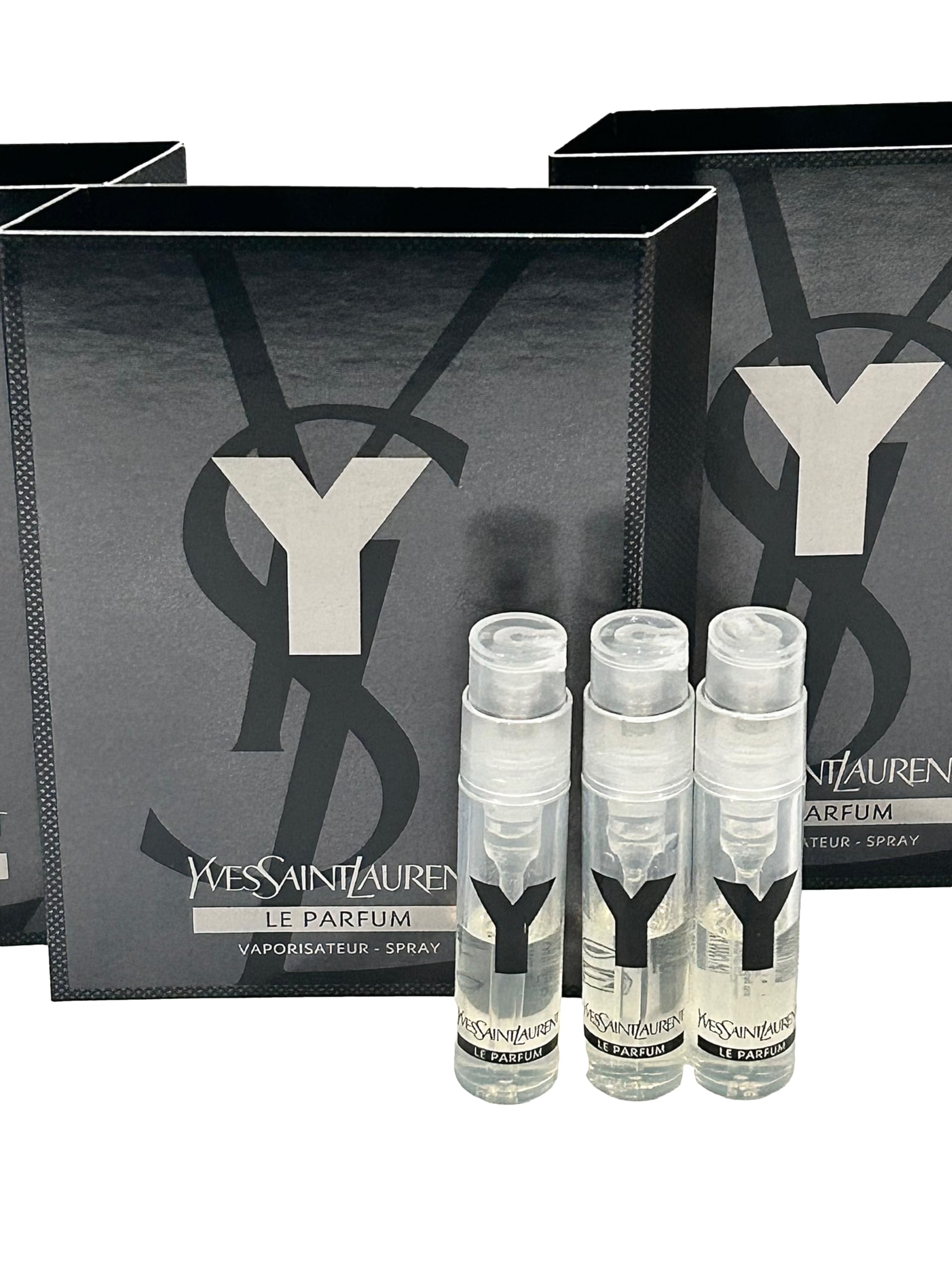 Yves Saint Laurent Y Men partially-filled vials for testing displayed together.