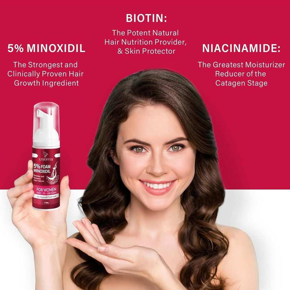 Yzmoffer Women's 5% Minoxidil foam bottle back label with dosage guidance.