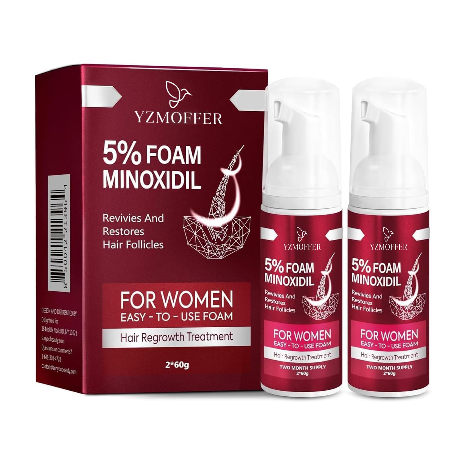 Yzmoffer Women's 5% Minoxidil foam bottle front view for daily hair routine.