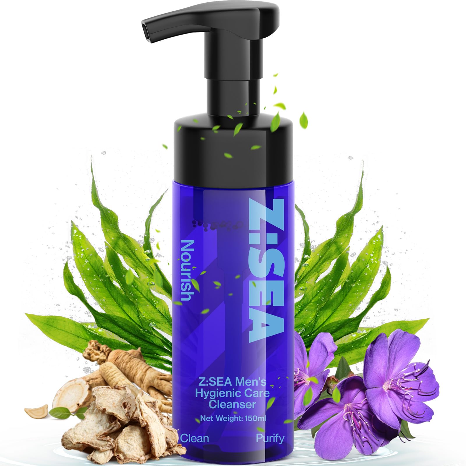 Z：SEA Men’s Intimate Wash bottle shows gentle, pH-balanced care for sensitive skin.