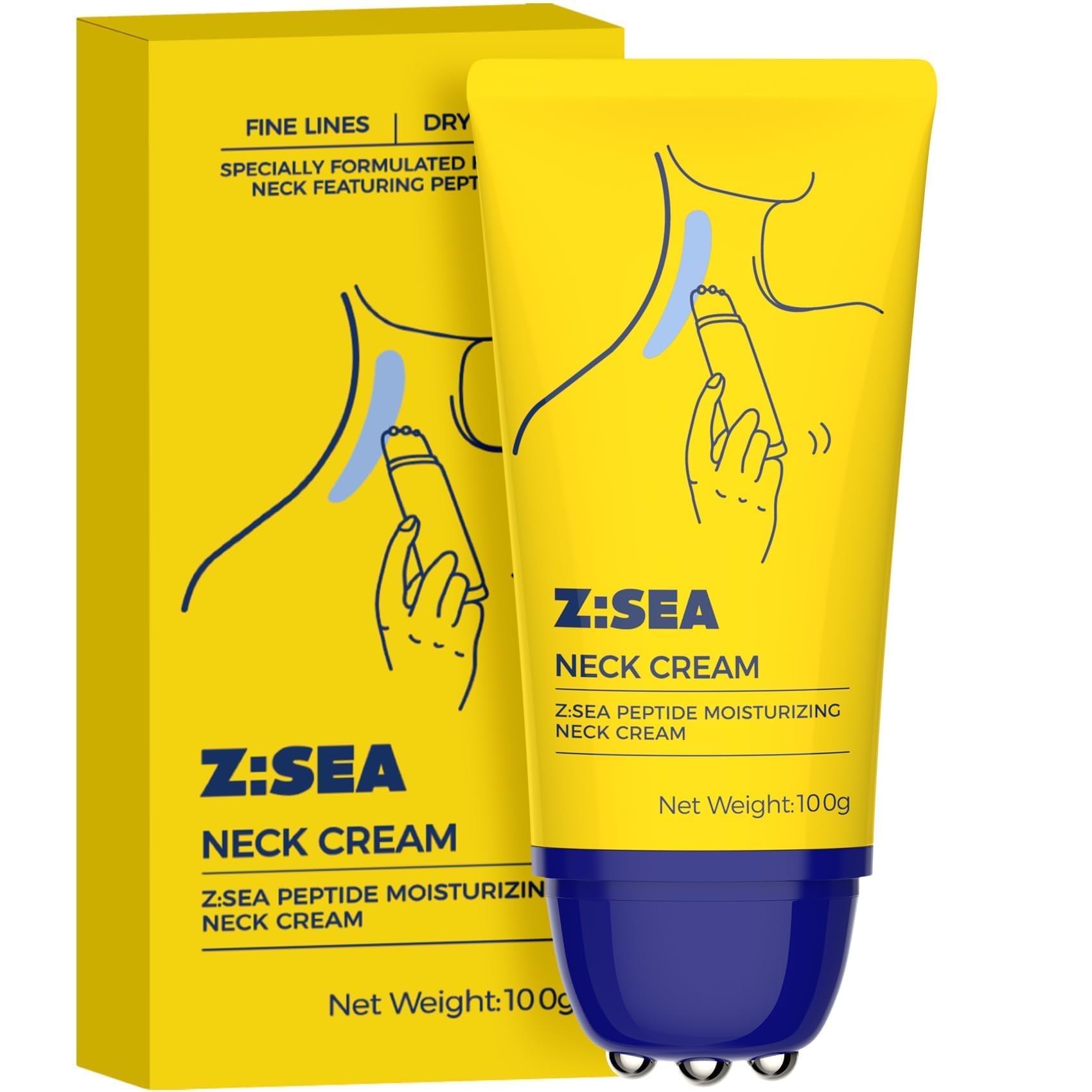 Z：SEA Neck Firming Cream with Roller close-up shows smooth three-roller application for even coverage