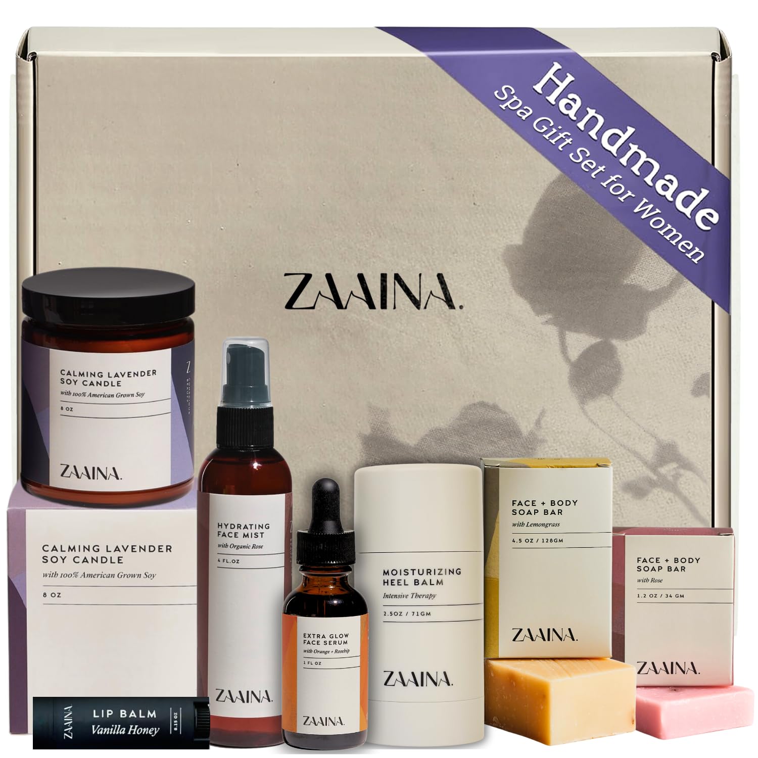 ZAAINA spa gift set for her box image, elegant gift presentation for gifting and at-home relaxation.