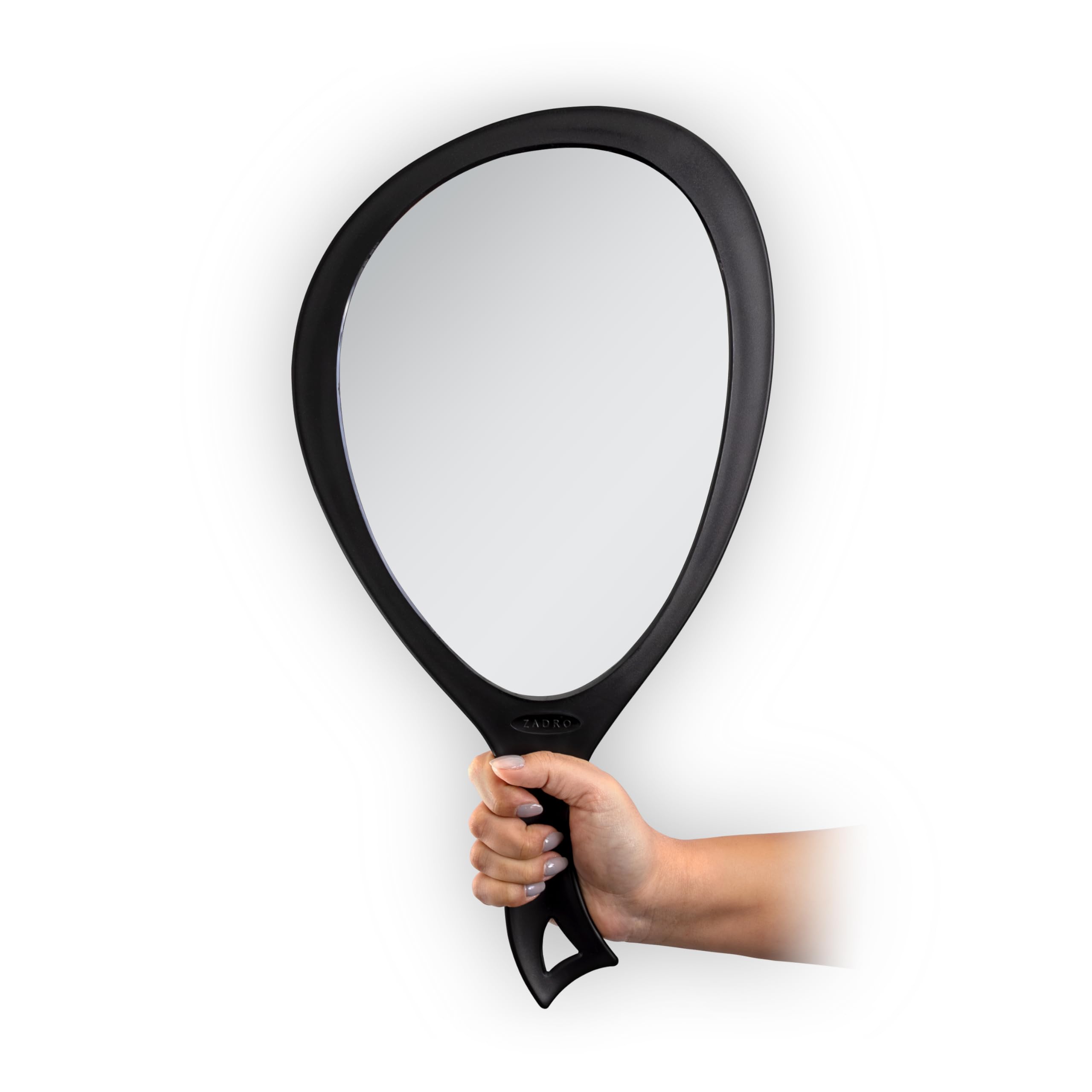Zadro salon-pro extra-large hand mirror with ergonomic handle for comfortable grooming