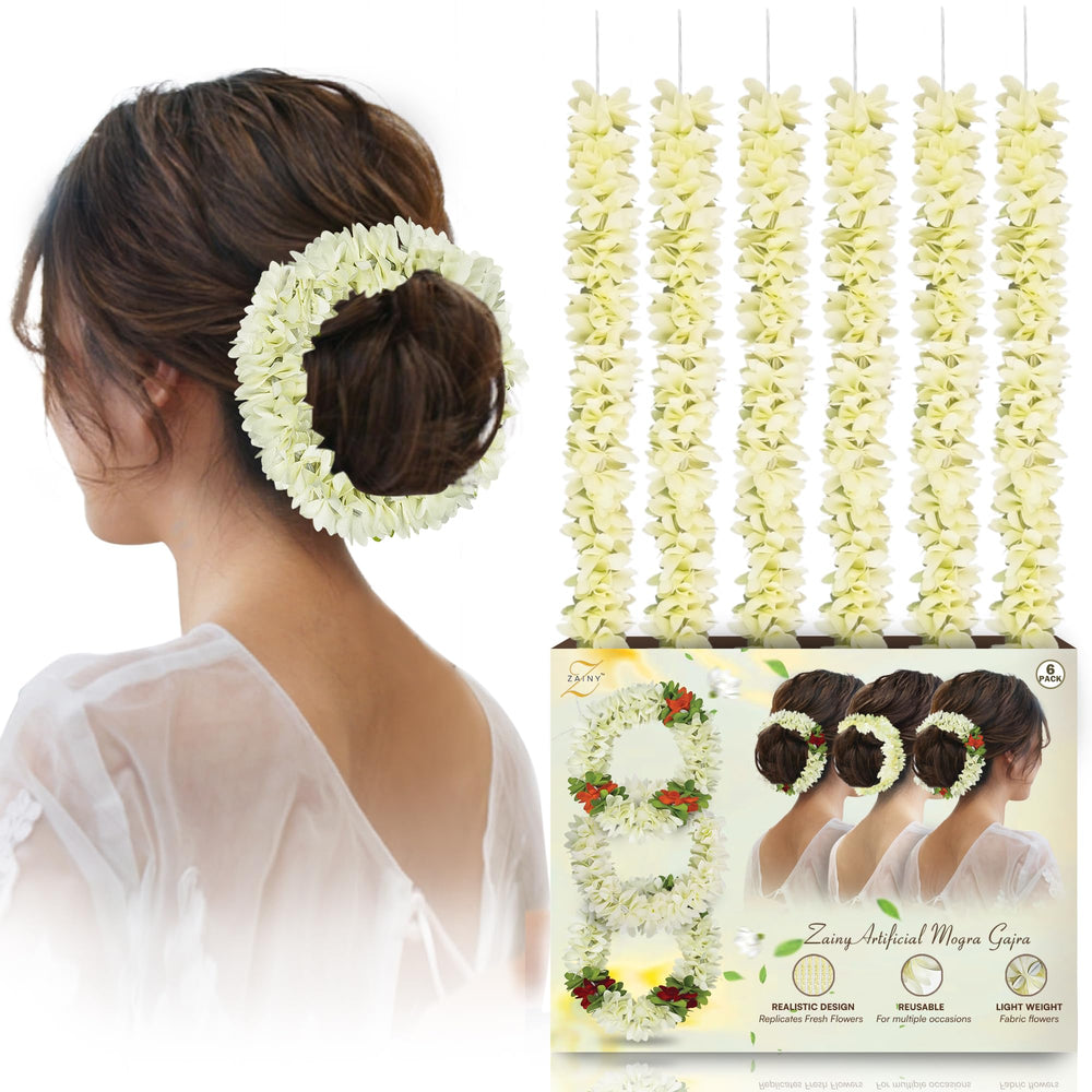 ZAINY gajra mogra blanca para cabello en boda, elegante y duradera.