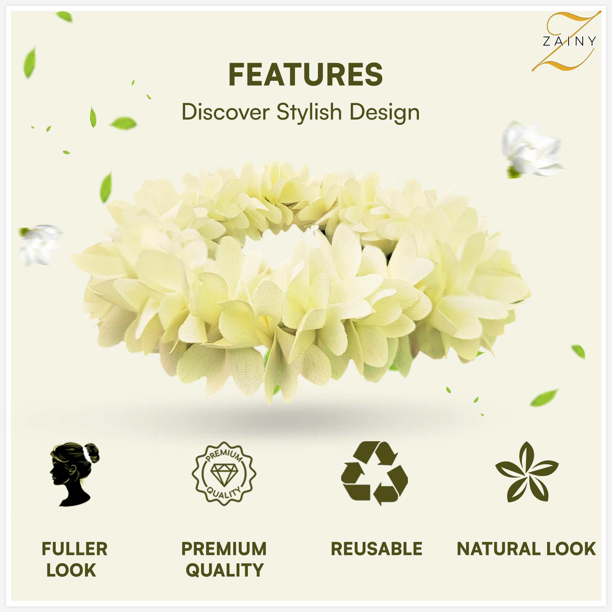 ZAINY gajra mogra blanca: detalle trenza suave para look festivo.