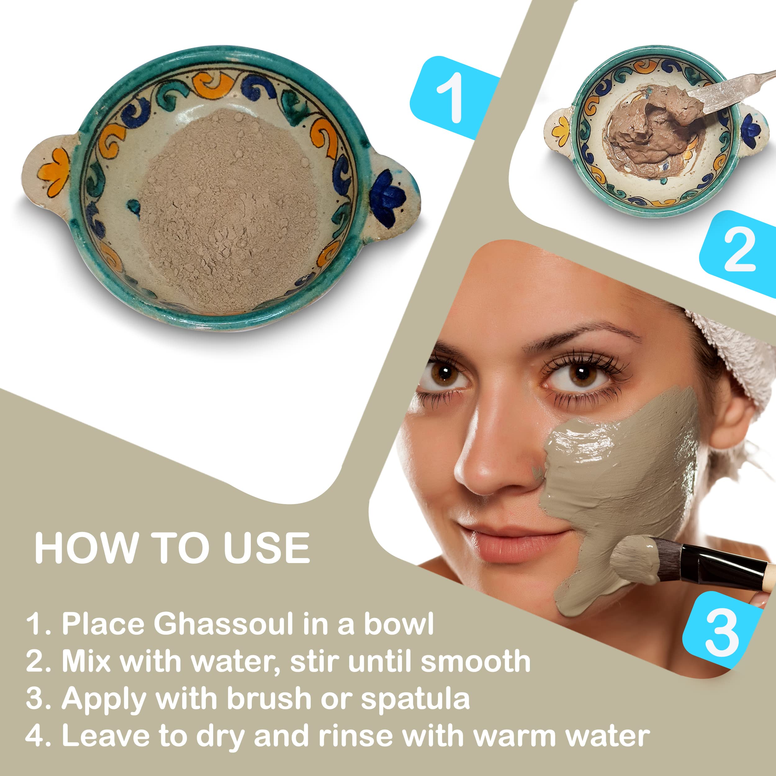 Zakias Morocco Ghassoul clay mask applied to the face for cleansing.