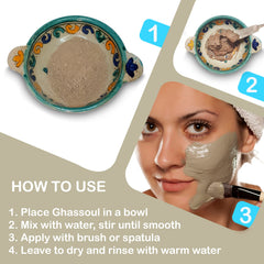 Zakias Morocco Ghassoul clay mask applied to the face for cleansing.