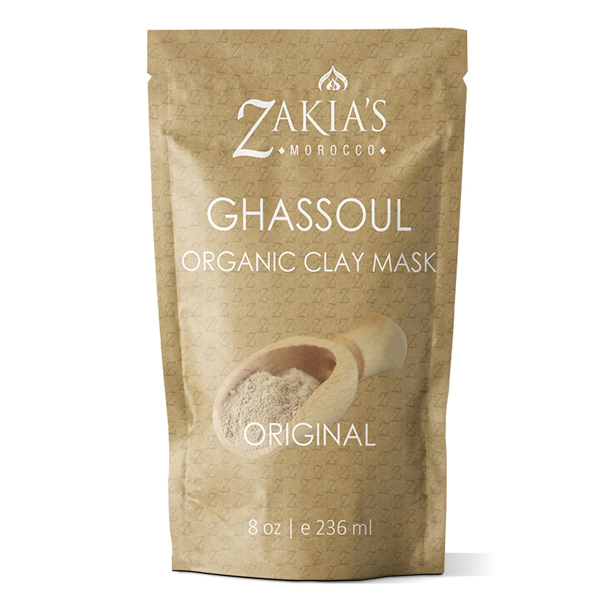 Zakias Morocco Ghassoul clay packaging shows a resealable bag for fresh storage.